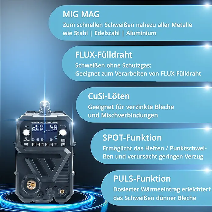 STAHLWERK MIG/MAG-Schweißgerät 200 Puls Pro Digital Alu-Set - 230 V - 230 V - Digitales MIG/MAG 200 Puls Pro Schweißgerät mit Funktionen für Fülldraht, CuSi-Löten, Spot- und Puls-Schweißen von Metallen.
