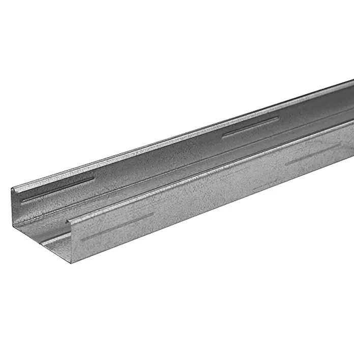 Knauf CD-Deckenprofil - Länge: 4.000 mm, Stahl - Nahaufnahme eines Metallständers, der für die Installation von Trockenbauwänden verwendet wird und eine robuste und langlebige Konstruktion aufweist.