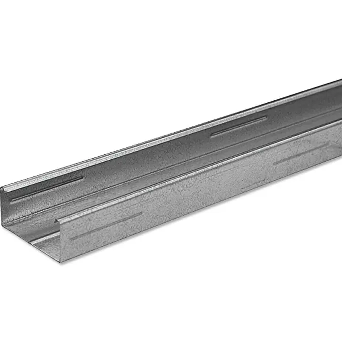Knauf CD-Deckenprofil - Länge: 4.000 mm, Stahl - Nahaufnahme eines Metallständers, der für die Installation von Trockenbauwänden verwendet wird und eine robuste und langlebige Konstruktion aufweist.