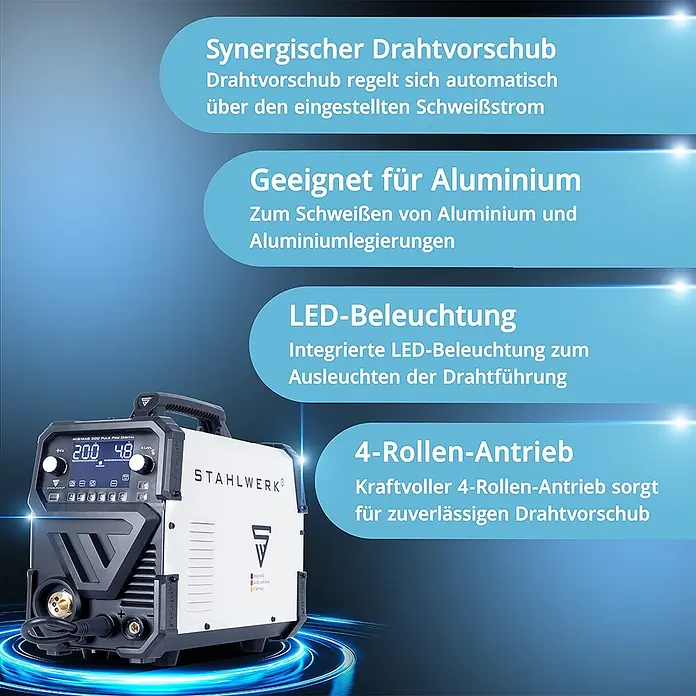 STAHLWERK MIG/MAG-Schweißgerät 200 Puls Pro Digital Alu-Set - 230 V - 230 V - Weiß-schwarzes Stahlwerk MIG/MAG Schweißgerät mit Digitalanzeige und zuverlässigem Drahtvorschub.