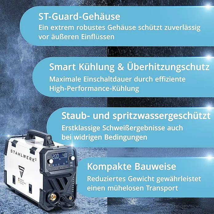 STAHLWERK MIG/MAG-Schweißgerät 200 Puls Pro Digital Alu-Set - 230 V - 230 V - Ein weiß-schwarzes Stahlwerk Schweißgerät mit robustem, staub- und spritzwassergeschütztem Gehäuse, intelligenter Kühlung und kompakter Bauweise.