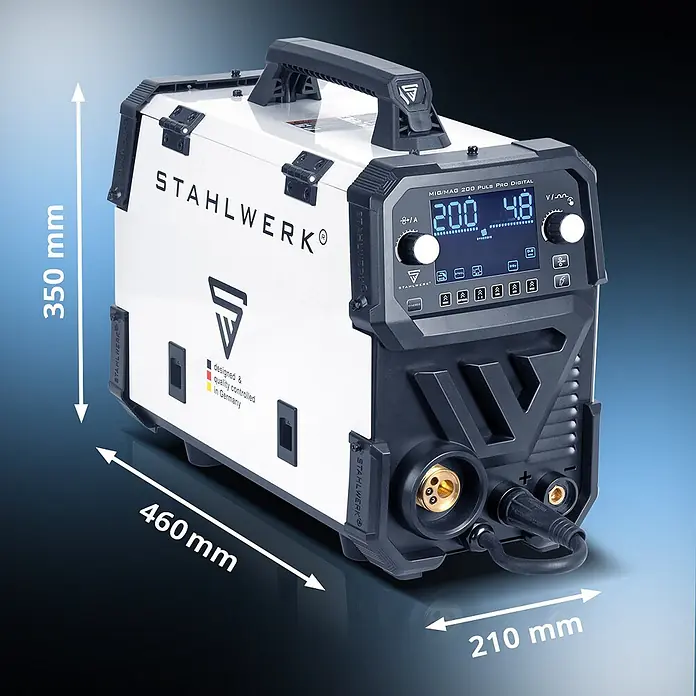 STAHLWERK MIG/MAG-Schweißgerät 200 Puls Pro Digital Alu-Set - 230 V - 230 V - Weiß-schwarzes STAHLWERK MIG/MAG 200 Puls Pro Digital Schweißgerät mit Griff und Bedienfeld, Maße 350x460x210 mm.