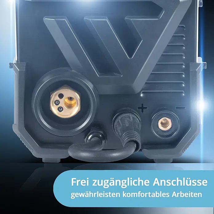 STAHLWERK MIG/MAG-Schweißgerät 200 Puls Pro Digital Alu-Set - 230 V - 230 V - Dunkelgraues Schweißgerät mit leicht zugänglichen goldfarbenen Anschlüssen und schwarzem Stromkabel für komfortables Arbeiten.
