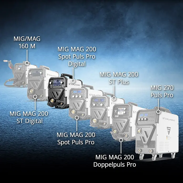 STAHLWERK MIG/MAG-Schweißgerät 200 Puls Pro Digital Alu-Set - 230 V - 230 V - Reihe von weißen und schwarzen Stahlwerk MIG/MAG Schweißgeräten, die verschiedene Modelle und Funktionen zeigen.