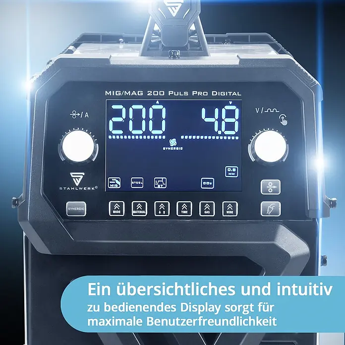 STAHLWERK MIG/MAG-Schweißgerät 200 Puls Pro Digital Alu-Set - 230 V - 230 V - Dunkelgraues Schweißgerät mit hellem Digitaldisplay, das Schweißparameter anzeigt.
