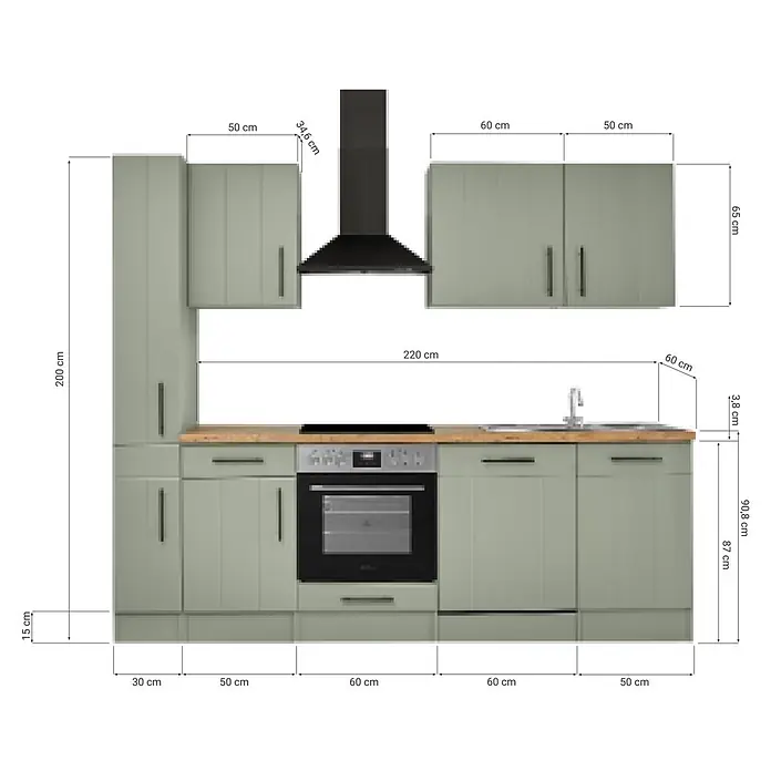 Respekta Küchenzeile Anton Typ 1 - Breite: 250 cm, Schilfgrün, Mit Elektrogeräten - Salbeigrüner Küche mit Holz-Arbeitsplatte, integriertem Backofen, Kochfeld, Spüle und Dunstabzugshaube. Mit Unter- und Oberschränken.