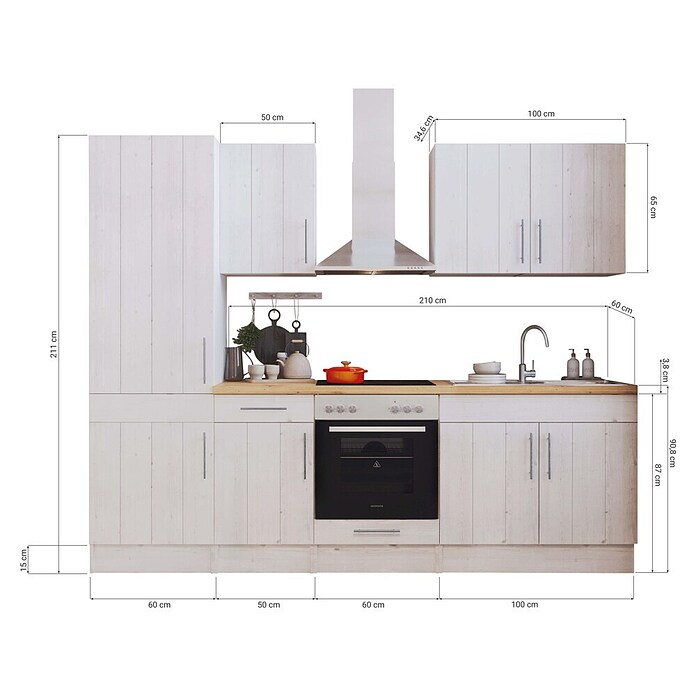 Respekta Premium Küchenzeile (Breite: 270 cm, Mit Elektrogeräten, Lärche Weiß-Nachbildung)