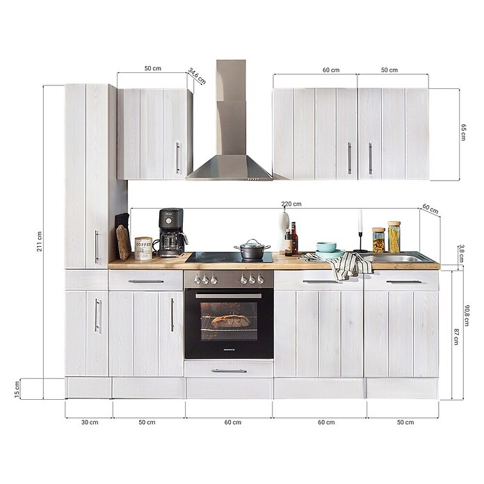 Respekta Premium Küchenzeile (Breite: 250 cm, Mit Elektrogeräten, Lärche Weiß-Nachbildung)