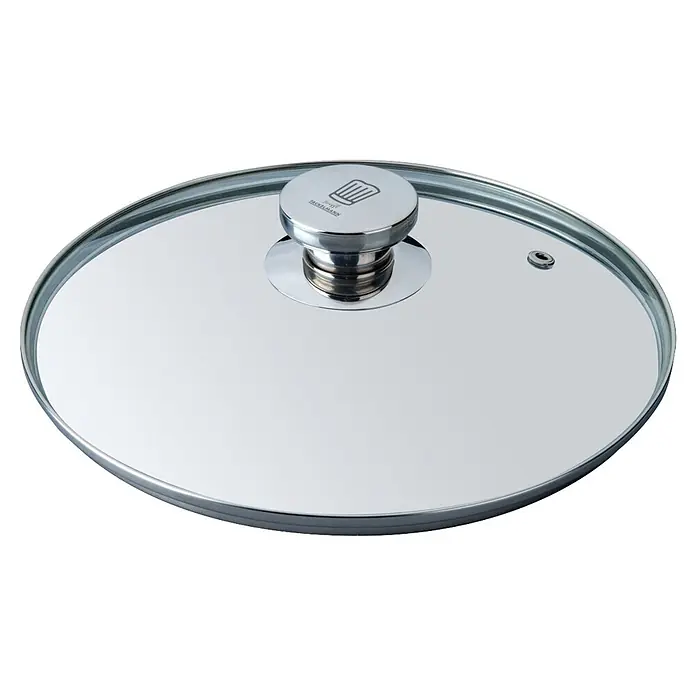 Fackelmann Topfdeckel - 24 cm, Glas - Runder Glas-Topfdeckel mit silbernem Metallrand, zentralem silbernem Griff mit Logo und kleiner Belüftungsöffnung.