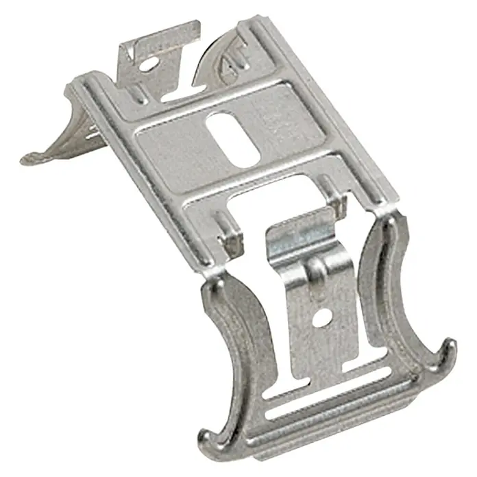 Knauf Kreuzverbinder - Stahl, 100 Stk. - Eine silberne Metallhalterung, die zur Befestigung oder zum Halten von Objekten verwendet wird, mit komplexen Aussparungen.