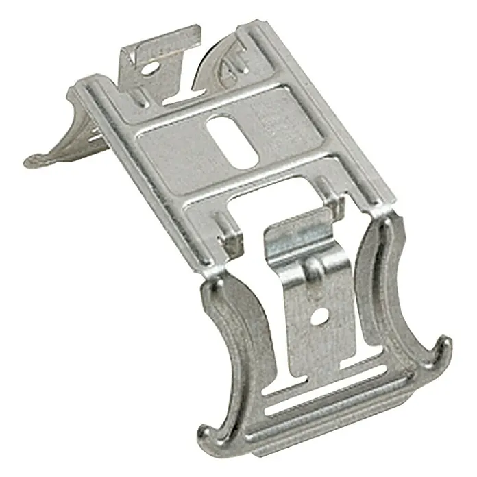 Knauf Kreuzverbinder - Stahl, 100 Stk. - Eine silberne Metallhalterung, die zur Befestigung oder zum Halten von Objekten verwendet wird, mit komplexen Aussparungen.