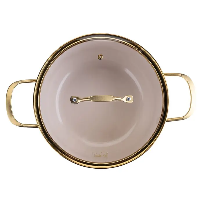 Fackelmann Kochtopf Pamela Reif Kollektion Signature - 5,5 l, Beige/Gold - Runder Topfdeckel mit goldenem Rand und Griffen, hellbeigem/braunem Mittelteil, goldenem Griff, Entlüftungsloch und 'Pawela Rof' Logo.