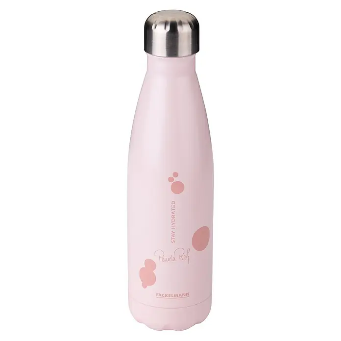 Fackelmann Trinkflasche Pamela Reif Kollektion - 500 ml, Rosa - Rosa Trinkflasche mit Edelstahlverschluss, rosa kreisförmigen Designs und den Texten: 'STAY HYDRATED', 'Pamela Reif' und 'FACKELMANN'.