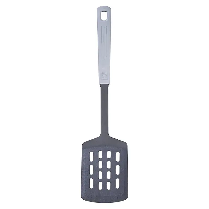 Fackelmann Pfannenwender Köln - 32 cm - Schwarzer Pfannenwender mit Schlitzen und hellgrauem Griff, ideal für beschichtete Pfannen.