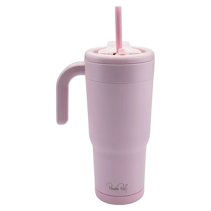 Fackelmann Trinkbecher Pamela Reif Kollektion - Fassungsvermögen: 720 ml, Rosa - Matter rosa Becher mit Henkel und Strohhalm, mit Pamela Reif-Logo.