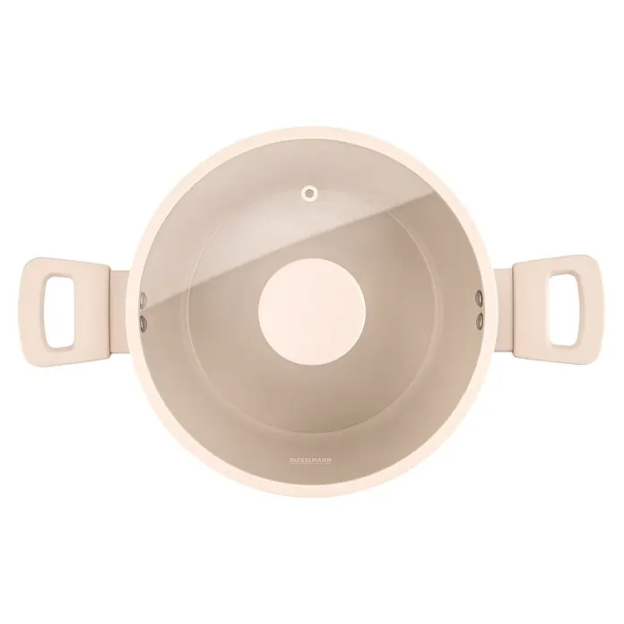 Fackelmann Kochtopf Pamela Reif Kollektion Shell - 6,8 l, Beige - Hellbeige Fackelmann Kochtopf mit zwei Griffen und transparentem Glasdeckel, von oben gesehen, der das Innere zeigt.