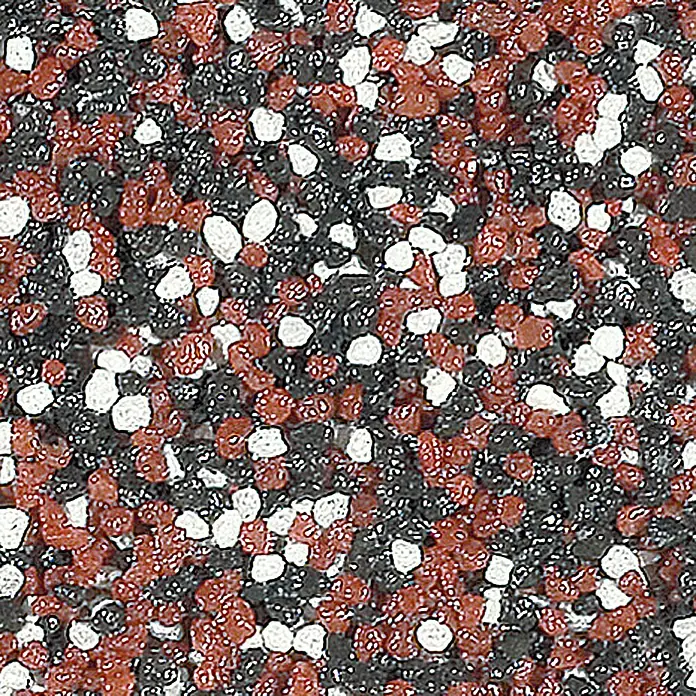 Probau WDVS-Buntsteinputz - Weiß/Rot/Schwarz, 25 kg - Nahaufnahme einer Textur mit kleinen weißen, schwarzen und roten Kieselsteinen, ideal für Oberflächengestaltung.
