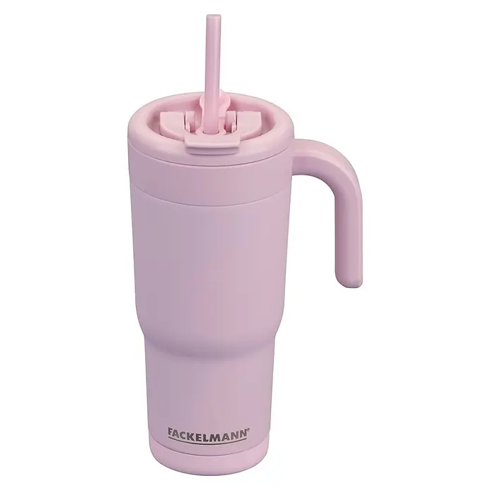 Fackelmann Trinkbecher Pamela Reif Kollektion - Fassungsvermögen: 720 ml, Rosa - Hellrosa Isolierbecher mit Henkel und Trinkhalm.
