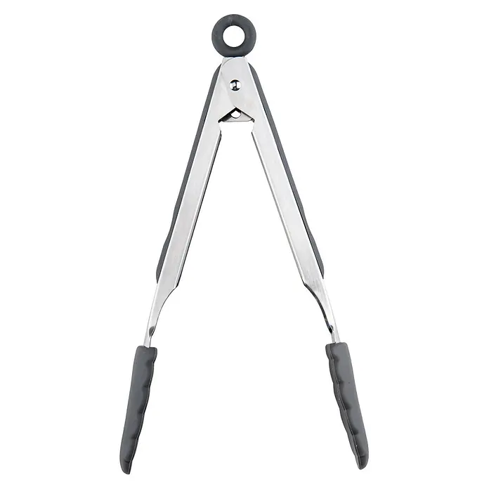 Fackelmann Grillzange - Länge: 27 cm, Edelstahl - Küchenzange aus Edelstahl mit dunkelgrauen Silikongriffen und Aufhängering, geöffnet.