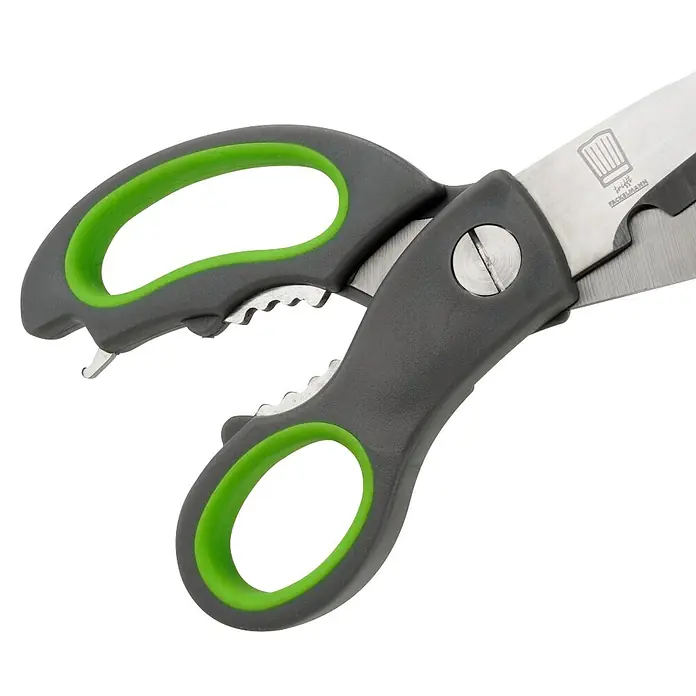 Fackelmann Küchen-Schere - Edelstahl - Mehrzweck-Küchenschere mit dunkelgrauen und grünen Soft-Touch-Griffen, gezackten Edelstahlklingen, Nussknacker und Flaschenöffner.