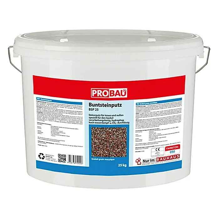 Probau WDVS-Buntsteinputz - Weiß/Rot/Schwarz, 25 kg - Abbildung eines Eimers ProBau Buntsteinputz BSP 25, einem dekorativen Putz für Innen- und Außenbereiche, speziell für Sockel, gebrauchsfertig, hydrophob.