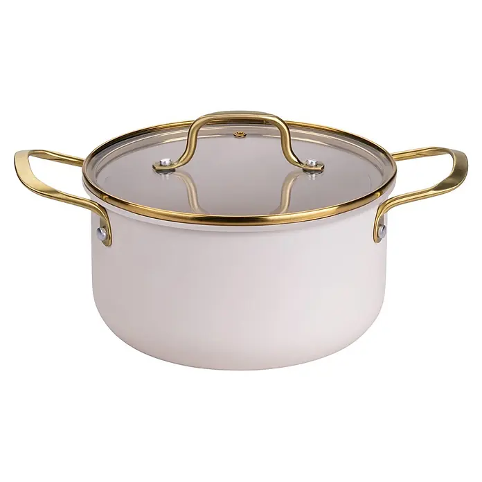 Fackelmann Kochtopf Pamela Reif Kollektion Signature - 3,4 l, Beige/Gold - Cremefarbener Kochtopf mit goldenen Griffen, Rand und durchsichtigem Glasdeckel.