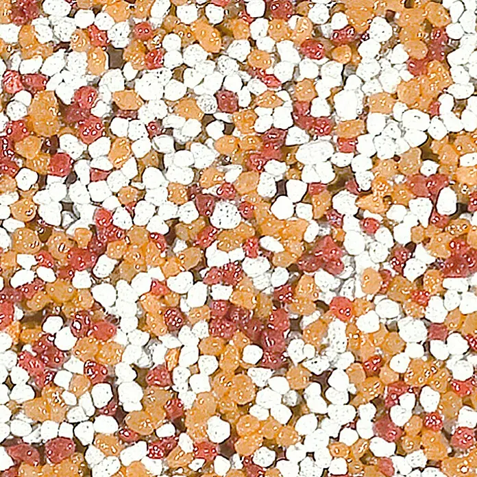 Probau WDVS-Buntsteinputz - Weiß/Orange/Rot, 25 kg - Nahaufnahme einer mehrfarbigen dekorativen Beschichtung, ideal für Innen- und Außenbereiche.