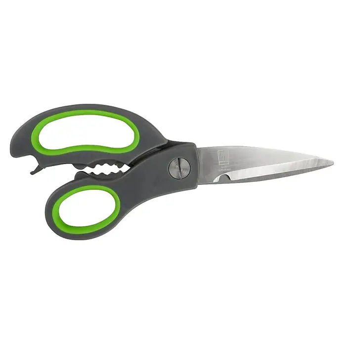 Fackelmann Küchen-Schere - Edelstahl - Graue und grüne Küchenschere mit silbernen Metallklingen, Flaschenöffner, Nussknacker und Schraubgelenk.