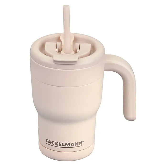 Fackelmann Trinkbecher Pamela Reif Kollektion - Fassungsvermögen: 420 ml, Beige - Hellbeiger Fackelmann Trinkbecher mit Henkel und Strohhalm.