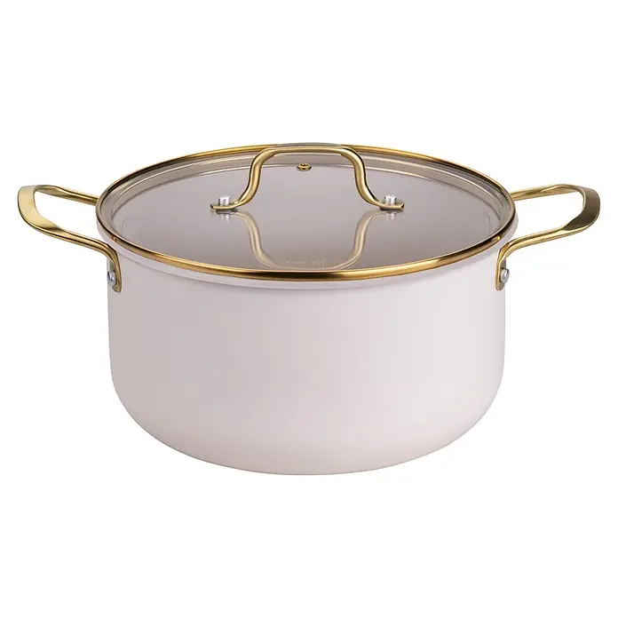 Fackelmann Kochtopf Pamela Reif Kollektion Signature - 5,5 l, Beige/Gold - Cremefarbener Kochtopf mit goldenen Griffen und transparentem Glasdeckel.