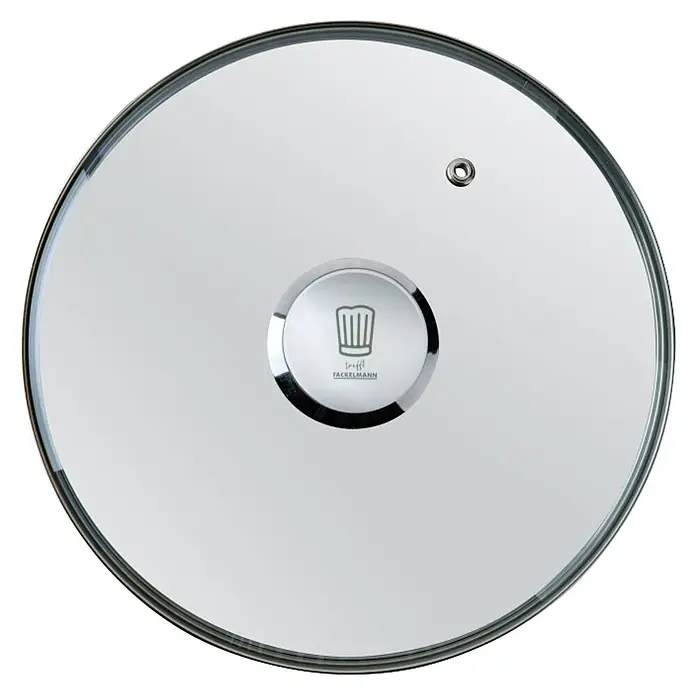 Fackelmann Topfdeckel - 24 cm, Glas - Runder Glasdeckel für Töpfe mit silbernem Rand, zentralem Griff mit Kochmützen-Logo und Dampfentlüftung.