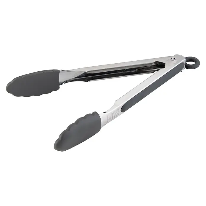 Fackelmann Grillzange - Länge: 27 cm, Edelstahl - Teilweise geöffnete grau-silberne Küchenzange mit Silikonspitzen.