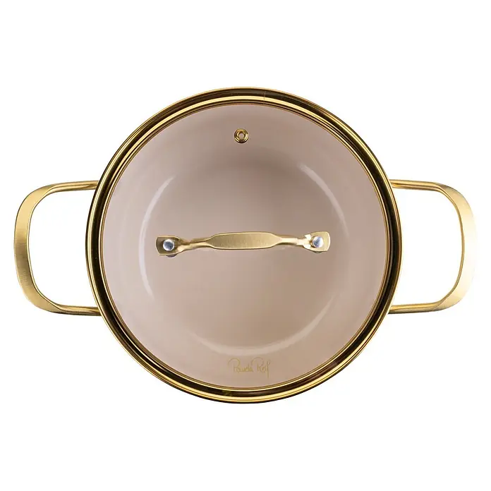 Fackelmann Kochtopf Pamela Reif Kollektion Signature - 3,4 l, Beige/Gold - Goldener Kochtopf mit transparentem Deckel, hellbeigem Inneren und goldenen Griffen, von oben gesehen.