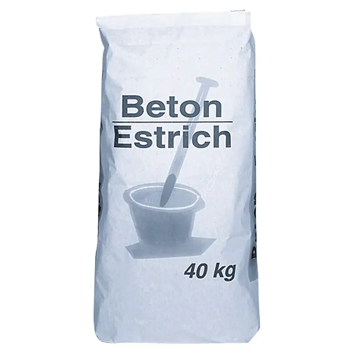 Betonestrich - 40 kg - Nahaufnahme eines Sackes Beton Estrich mit dem Aufdruck "Beton Estrich" und einem Bild eines Mörtelkübels mit Spachtel.