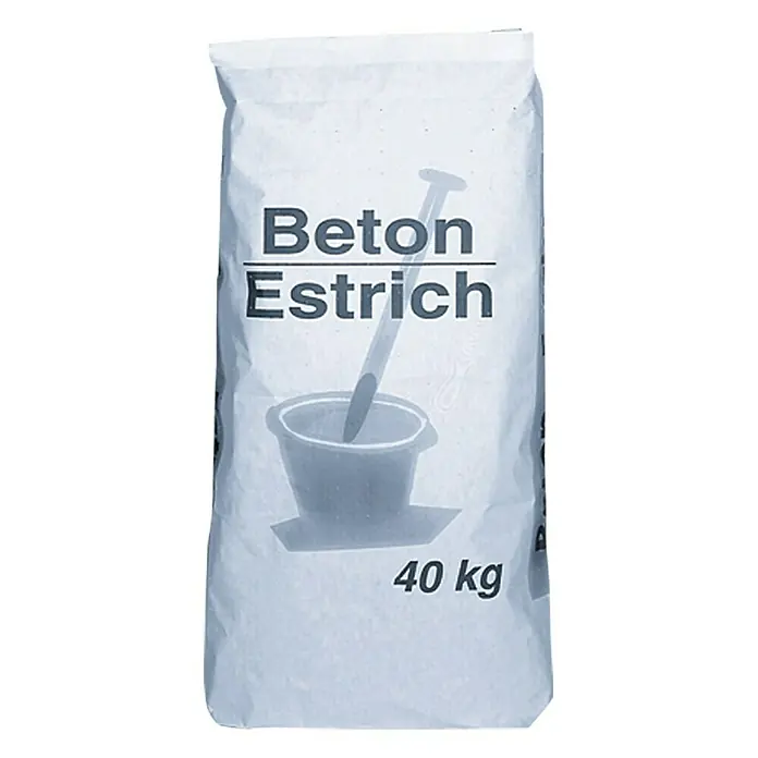 Betonestrich - 40 kg - Nahaufnahme eines Sackes Beton Estrich mit dem Aufdruck "Beton Estrich" und einem Bild eines Mörtelkübels mit Spachtel.