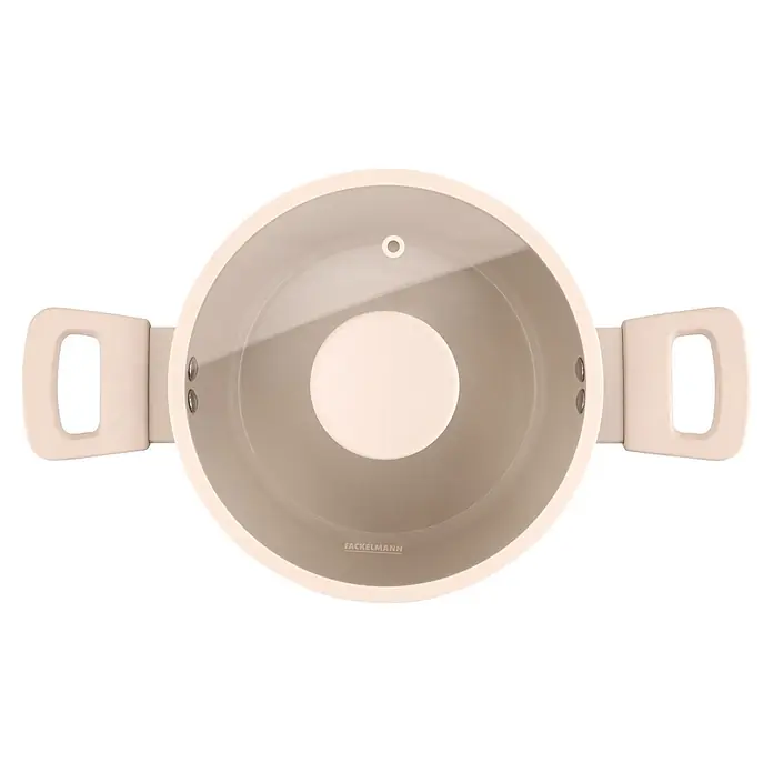 Fackelmann Kochtopf Pamela Reif Kollektion Shell - 20 l, Beige - Draufsicht auf einen hellbeigen Kochtopf mit zwei Griffen und transparentem Deckel, mit kreisförmiger Mitte und Fackelmann-Logo.
