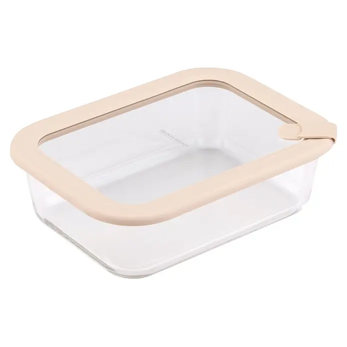 Fackelmann Vorratsdose Pamela Reif Kollektion - 1.050 ml, Beige - Rechteckige Glas-Frischhaltedose mit hellbeigem Silikondeckel.