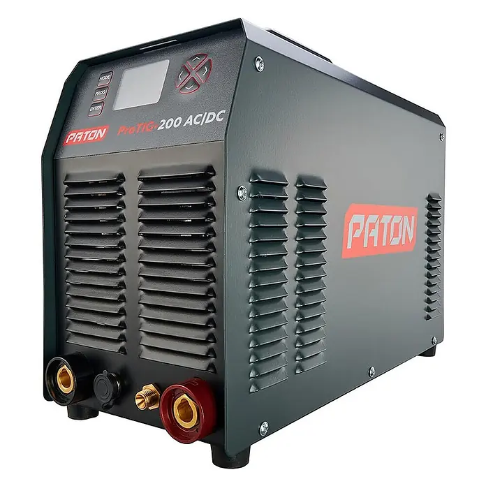 PATON WIG-Schweißgerät ProTIG-200 - Schweißstrom: 200 A, 230 V - Dunkelgraues PATON ProTIG-200 AC/DC Schweißgerät mit rotem Branding, Frontdisplay, Bedientasten und Anschlüssen.