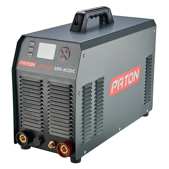 PATON WIG-Schweißgerät ProTIG-200 - Schweißstrom: 200 A, 230 V - Graues Paton ProTIG-200 AC/DC Schweißgerät mit rotem Logo, schwarzem Griff, Bedienfeld und vorderen Anschlüssen.