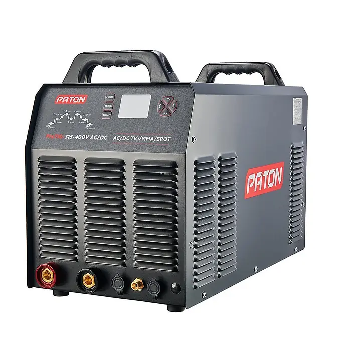 PATON WIG-Schweißgerät ProTIG-315-400V - Schweißstrom: 315 A, 400 V - Graues PATON ProTIG 315-400V AC/DC TIG/MMA/SPOT Schweißgerät mit schwarzen Griffen.