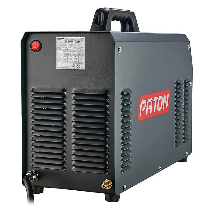 PATON WIG-Schweißgerät ProTIG-200 - Schweißstrom: 200 A, 230 V - Dunkelgraues Paton Pro G-200 ACDC TIG/MMA Schweißgerät mit rotem Logo, Griff und Anschlüssen an der Rückseite.