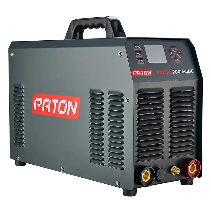 PATON WIG-Schweißgerät ProTIG-200 - Schweißstrom: 200 A, 230 V - Dunkelgraues PATON ProTIG 200 AC/DC Inverter-Schweißgerät mit schwarzem Griff, Bedienfeld und Frontanschlüssen.