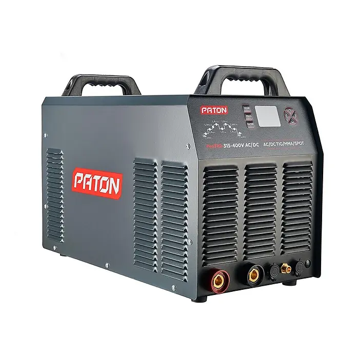 PATON WIG-Schweißgerät ProTIG-315-400V - Schweißstrom: 315 A, 400 V - Graues PATON ProTIG 315-400V AC/DC Schweißgerät mit schwarzen Griffen und Bedienfeld, für AC/DC WIG/MMA/SPOT Schweißen.