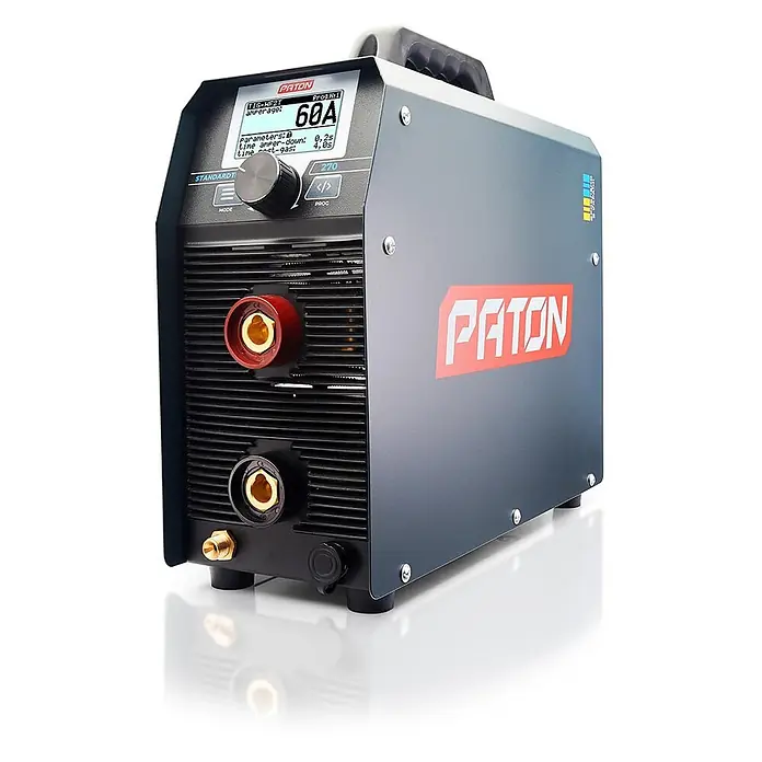 PATON WIG-Schweißgerät StandardTIG-270-400V - Schweißstrom: 270 A, 400 V - Dunkelgraues PATON TIG-HF2T Schweißgerät mit Digitalanzeige, Drehknopf und Frontanschlüssen für Schweißarbeiten.