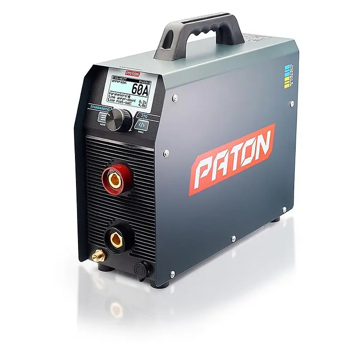 PATON WIG-Schweißgerät StandardTIG-270-400V - Schweißstrom: 270 A, 400 V - Dunkelgrauer PATON 270 TIG-HF2T Schweißinverter mit Digitalanzeige (60A), Drehknopf, vorderen Schweißanschlüssen und Tragegriff.