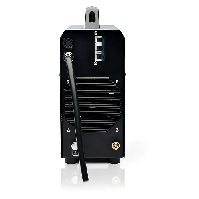 PATON WIG-Schweißgerät StandardTIG-270-400V - Schweißstrom: 270 A, 400 V - Rückansicht eines schwarzen Industrie-Stromaggregats mit Griff, Netzkabel, Schutzschaltern, Lüftungsschlitzen, Erdungsschraube und Gasanschluss.