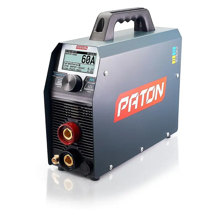 PATON WIG-Schweißgerät StandardTIG-200 - Schweißstrom: 200 A, 230 V - Dunkelgraues PATON TIG-HF2T Inverter-Schweißgerät mit Digitalanzeige (60A), Drehknopf und Schweißanschlüssen.
