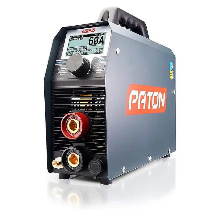 PATON WIG-Schweißgerät StandardTIG-200 - Schweißstrom: 200 A, 230 V - Graues Paton Schweißgerät mit schwarzem Griff, Digitalanzeige und Frontanschlüssen.
