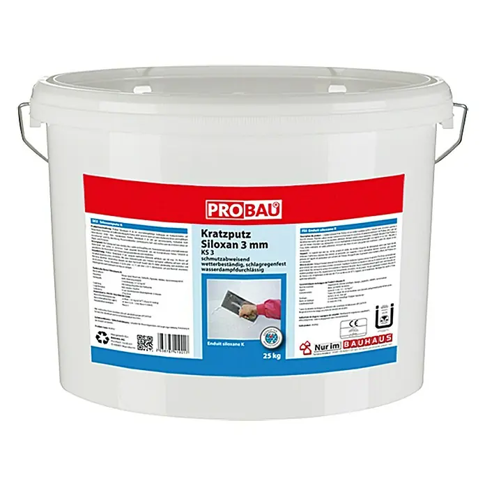 Probau WDVS-Kratzputz - Körnung: 3 mm, 25 kg - Ein weißer Eimer Probau Kratzputz Siloxan 3 mm KS3, ideal für Außenbereiche, schmutzabweisend und wetterbeständig.