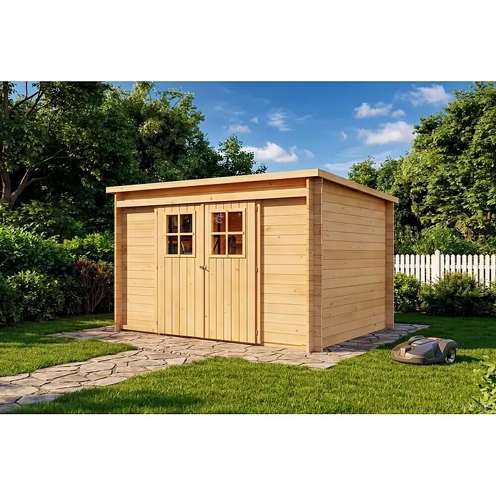 Alpholz Gerätehaus Vera - Außenbreite inkl. Dachüberstand: 325 cm, Außentiefe inkl. Dachüberstand: 235 cm, Holz, Naturbelassen - Geräteschuppen aus hellem Holz mit Doppeltüren und Fenstern im Garten, daneben ein Rasenroboter.